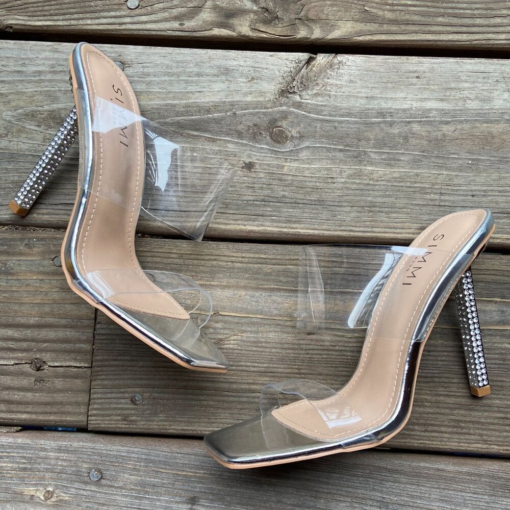 Simmi London DEJA Clear PVC & Silver Diamante Stiletto High Heel Mules UK 5 US 7